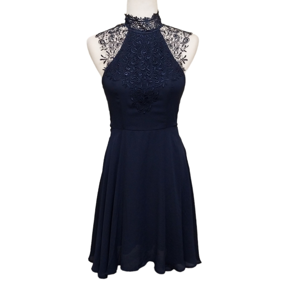 Elegant Navy Lace Halter Dress